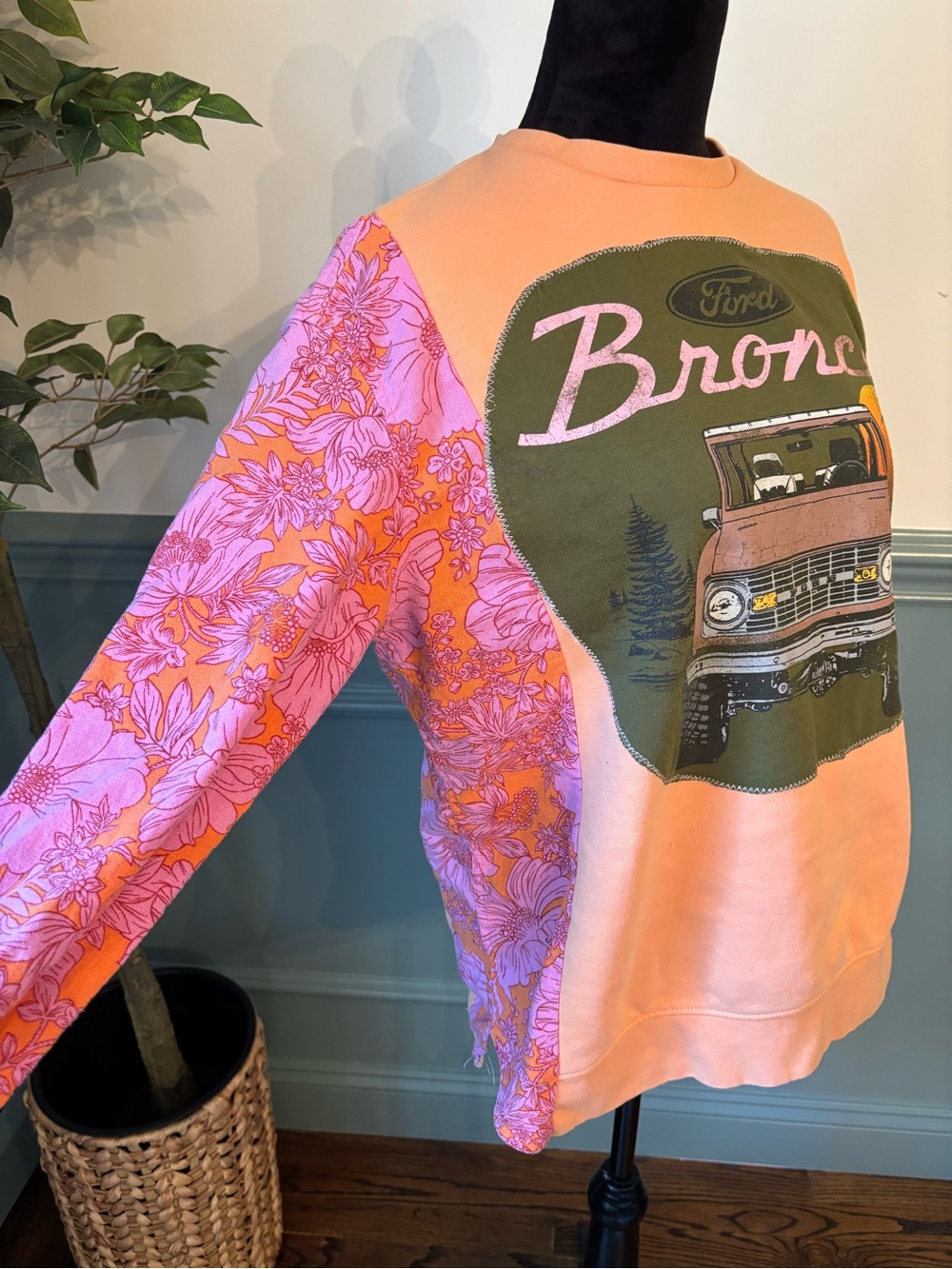 Upcycled Ford Bronco Peach Sweatshirt with Pink Floral Sleeves